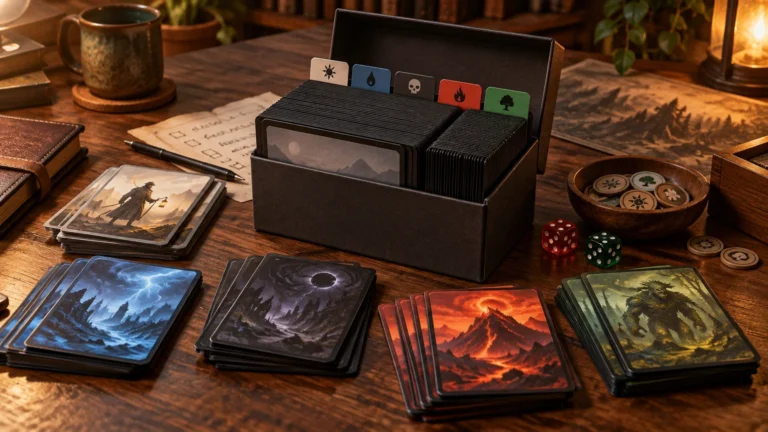 Warmly lit tabletop with an open black card storage box, color-coded dividers, stacks of illustrated fantasy cards, wooden tokens, dice, a notebook, and a mug.