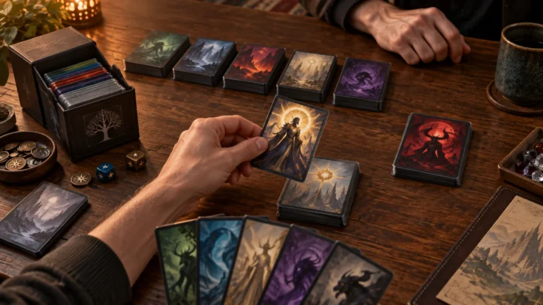 Warmly lit tabletop card-drafting setup with two people’s hands, stacks of illustrated fantasy cards, a card storage box, dice, tokens, and a single card being selected from a hand.