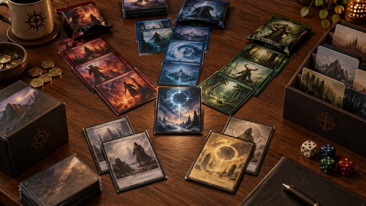 Warmly lit wooden tabletop arranged with color-grouped fantasy cards, stacks, deck boxes, gold-colored tokens, and multicolored dice around a central blue card with a glowing circular sky motif.