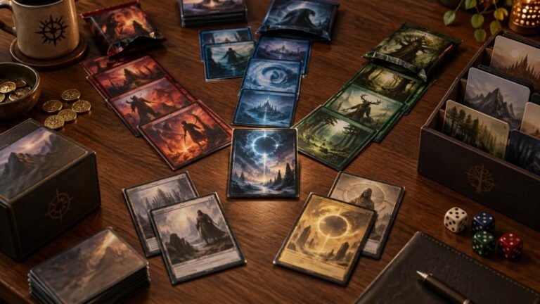 Warmly lit wooden tabletop arranged with color-grouped fantasy cards, stacks, deck boxes, gold-colored tokens, and multicolored dice around a central blue card with a glowing circular sky motif.