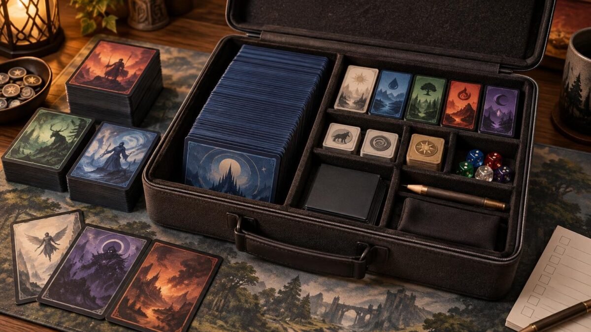 Open black zippered storage case on a warmly lit tabletop, holding rows of blue-sleeved fantasy cards, colored landscape-symbol cards, small token stacks, multicolored dice, a pen, and a black deck box, with additional illustrated card stacks and a checklist nearby.