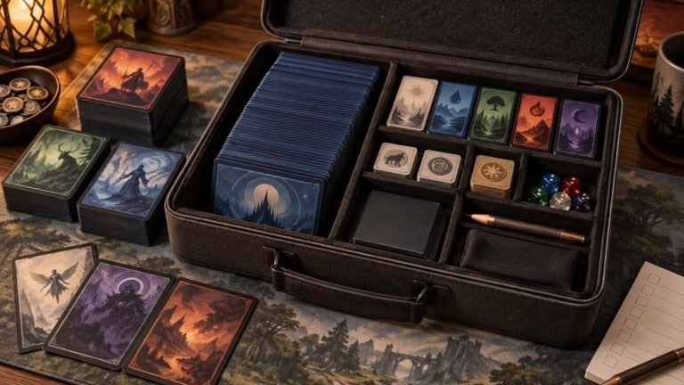 Open black zippered storage case on a warmly lit tabletop, holding rows of blue-sleeved fantasy cards, colored landscape-symbol cards, small token stacks, multicolored dice, a pen, and a black deck box, with additional illustrated card stacks and a checklist nearby.