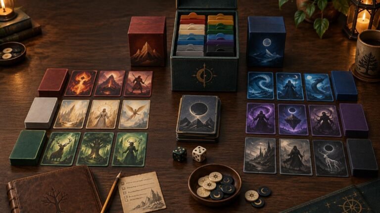 Warmly lit tabletop workspace with neatly sorted stacks of illustrated fantasy cards in red, white, green, blue, purple, and black groups, an open divider-filled storage box, deck boxes, dice, round tokens, and a small checklist beside a leather notebook.