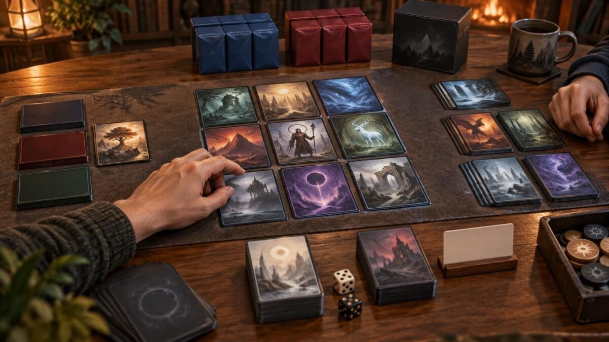 Warmly lit tabletop card-drafting workspace with two people arranging fantasy-art cards, colored deck boxes, card stacks, dice, tokens, and a blank divider.
