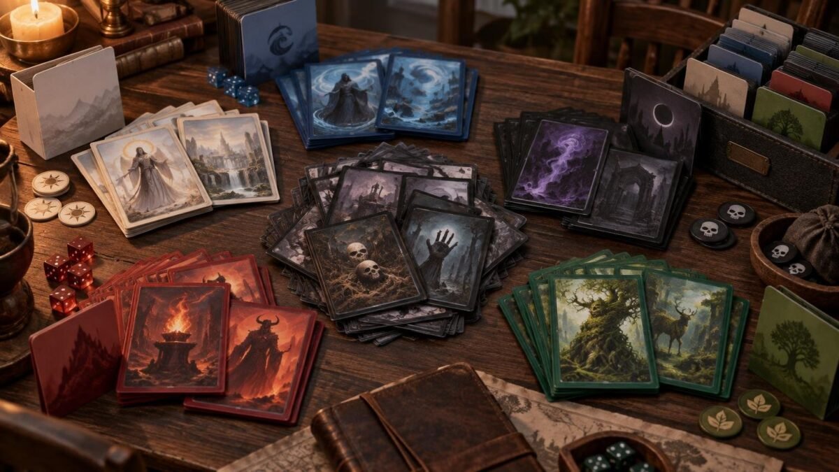 Warmly lit tabletop workspace with piles of illustrated fantasy cards grouped in blue, white, black, red, and green, alongside dice, skull and leaf tokens, dividers, a card storage box, and a leather notebook.