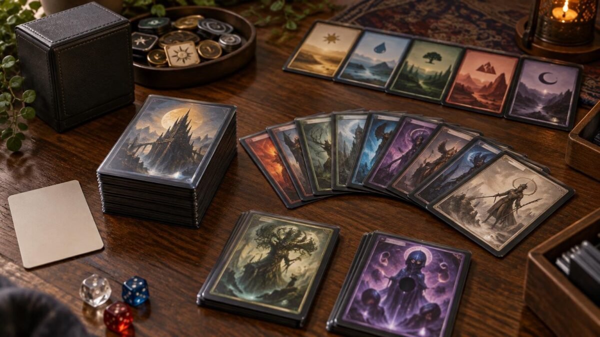 Warmly lit wooden tabletop arranged for a fantasy card-game draft, with a large sleeved card stack, a fan of illustrated cards, several smaller piles, colored landscape-style cards, dice, round tokens, a blank card, a black deck box, and wooden storage trays.