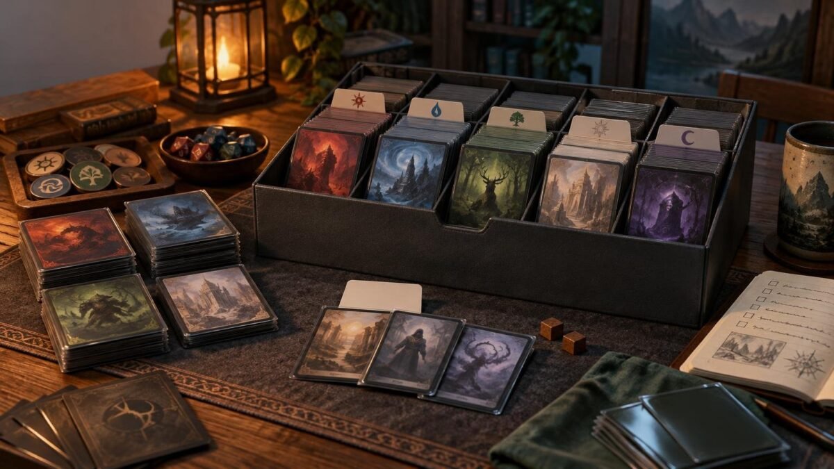 Warmly lit tabletop workspace with an open storage box of organized fantasy card stacks, colored divider tabs, loose draft piles, tokens, dice, a checklist notebook, and a mug.