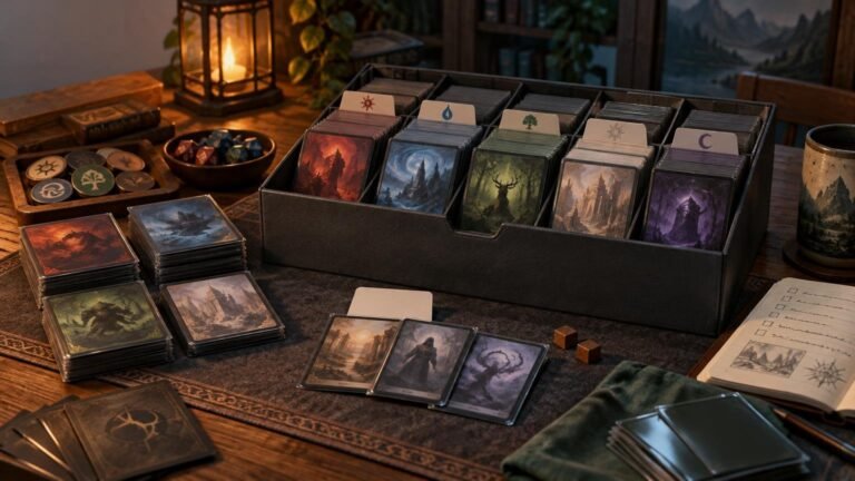Warmly lit tabletop workspace with an open storage box of organized fantasy card stacks, colored divider tabs, loose draft piles, tokens, dice, a checklist notebook, and a mug.