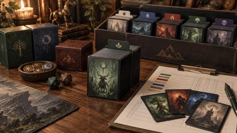 Warmly lit tabletop with organized stacks of fantasy game cards in a leather storage case, colored divider tabs, deck boxes, dice, tokens, and a clipboard checklist with a pen.