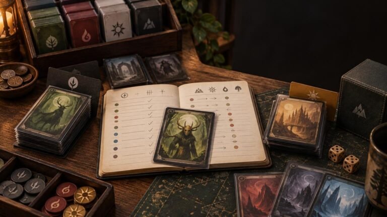 Warmly lit tabletop workspace with organized stacks of illustrated fantasy cards, an open notebook marked with colored dots and symbols, card dividers, storage boxes, tokens, and dice.