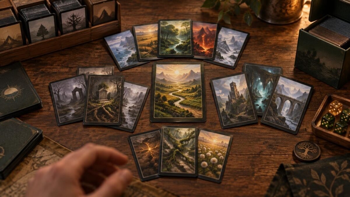 Warmly lit tabletop with fantasy landscape cards arranged around a central valley card, alongside wooden card storage boxes, stacks of cards, green and amber dice, and a tree-emblem token.