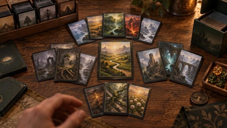 Warmly lit tabletop with fantasy landscape cards arranged around a central valley card, alongside wooden card storage boxes, stacks of cards, green and amber dice, and a tree-emblem token.