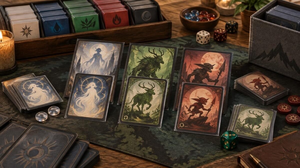 Warmly lit tabletop workspace with grouped fantasy-illustrated cards in clear sleeves, color-sorted card stacks in a wooden tray, dice, round counters, a candle, and a fabric storage box.