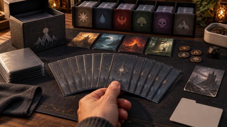 Warmly lit tabletop with a hand fanning matching dark-backed fantasy game cards beside storage boxes, sleeved cards, elemental tokens, dice, and one visibly worn castle-art card.