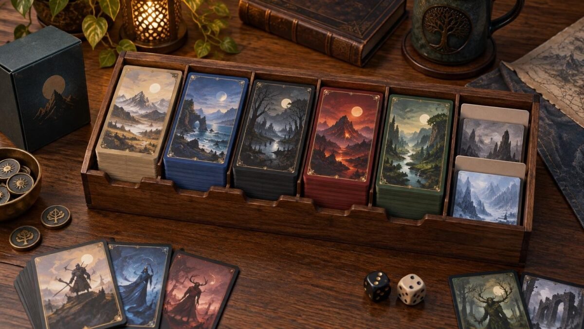 Warmly lit tabletop with a wooden card organizer holding neatly separated stacks of colorful fantasy landscape cards, alongside loose illustrated cards, dice, round tokens, a dark deck box, a book, and a mug.