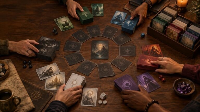 Six people sit around a warm wooden table, handling color-coded stacks of fantasy-illustrated cards arranged in a circle beside dice, tokens, a map, and an organized card storage box.